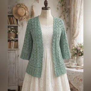 Vintage 1990s Northern Reflections Sage Green Knit Crochet Cardigan Sweater